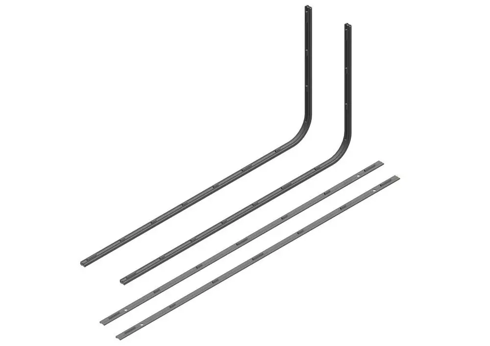 Baukomponenten von Bosch, bestehend aus zwei gebogenen und drei geraden Metallstreifen, die zur Dichtung oder Befestigung in einem technischen System verwendet werden können.